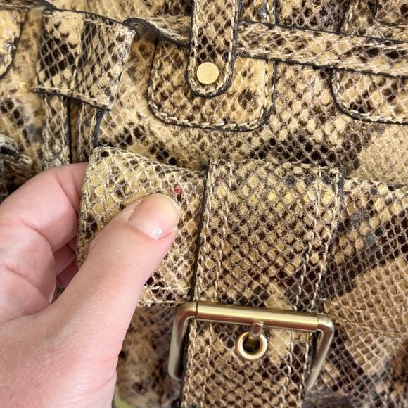 Michael Kors Satchel Shoulder Handbag Brown Tan Python Buckle Double Top Handles - Picture 4 of 12